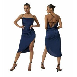 ❤️❤️❤️Aria Cove Women Satin Dress Sz 4 cowl neck thigh Ruched spilt midi Navy